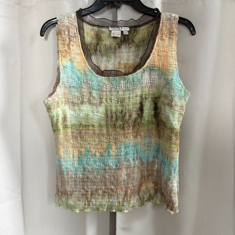 Vtg Alberto Makali Womens Top Large Crinkle Western Boho Ruffle Abstract 18026x